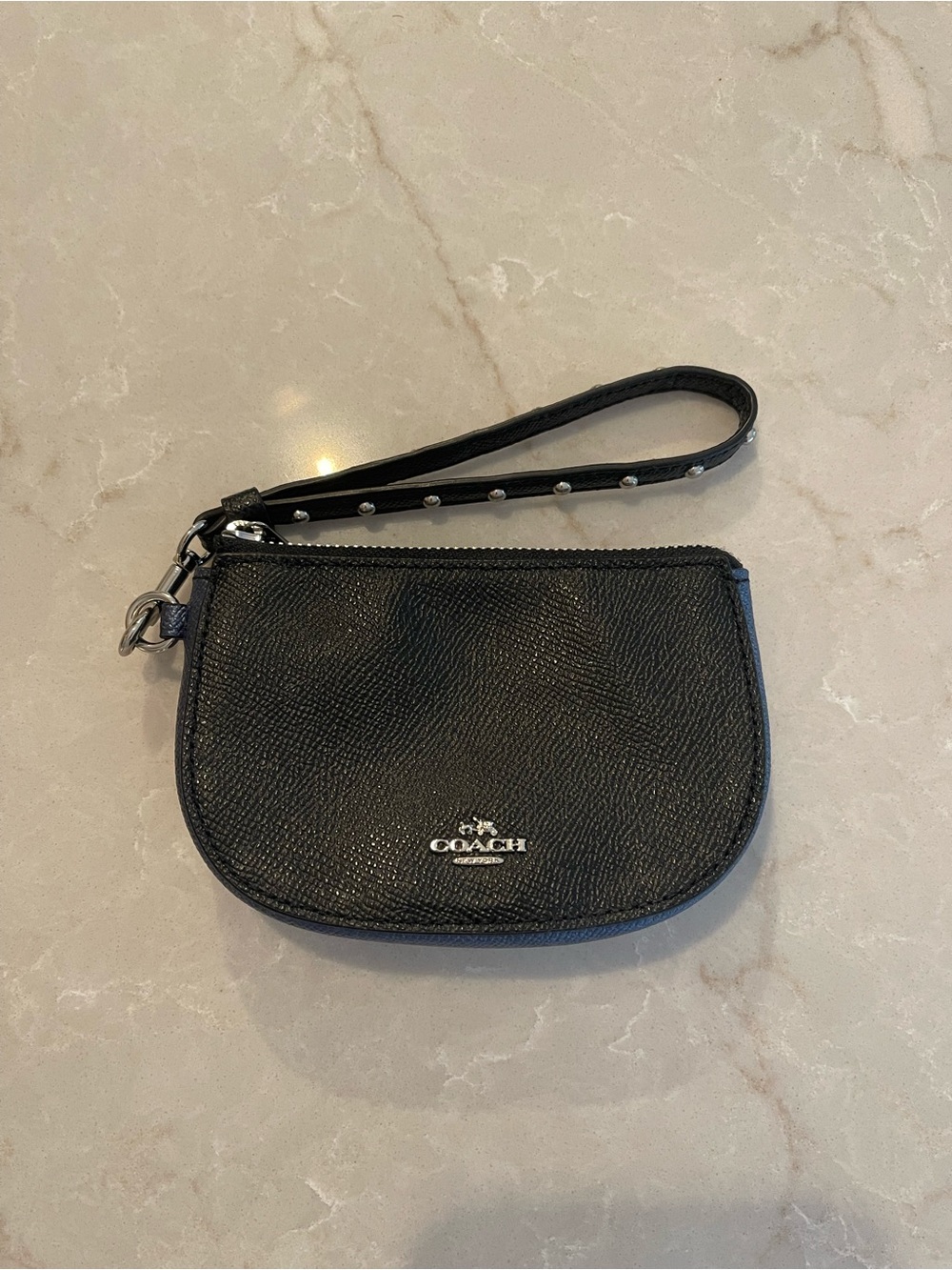 Coach Black Textured Leather Wristlet with Silver Logo